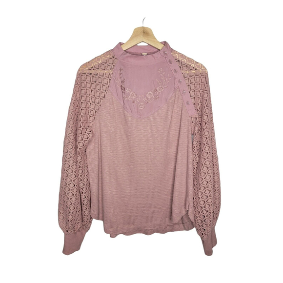 FREE PEOPLE Sz S Sweetest Thing Lace Sleeve Thermal Top - Picture 3 of 12